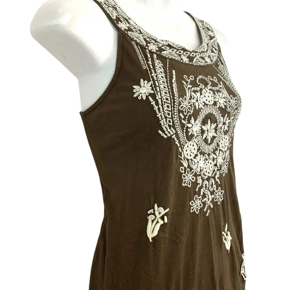 Charter Club Petite Womens Brown Beaded Embroidered Sleeveless Dress PP XS